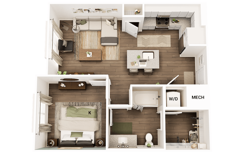 A2 - 1 bedroom floorplan layout with 1 bath and 697 square feet.