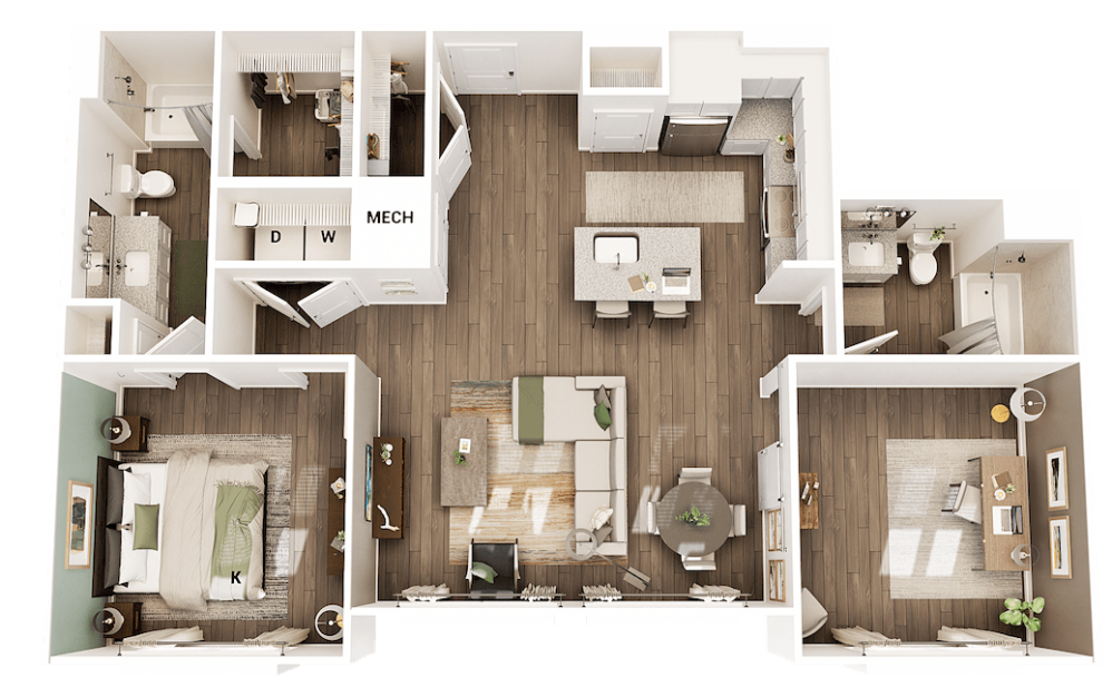 AS1 - 1 bedroom floorplan layout with 2 bathrooms and 1096 square feet