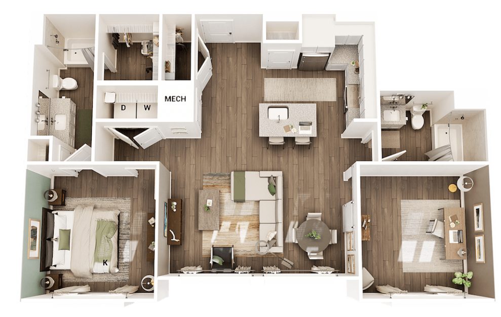 AS1 - 1 bedroom floorplan layout with 2 baths and 1096 square feet.