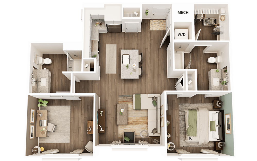 AS2 - 1 bedroom floorplan layout with 2 bathrooms and 981 square feet