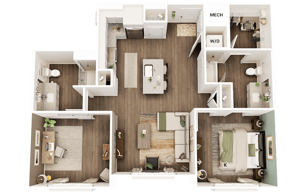 AS2 - 1 bedroom floorplan layout with 2 baths and 981 square feet.