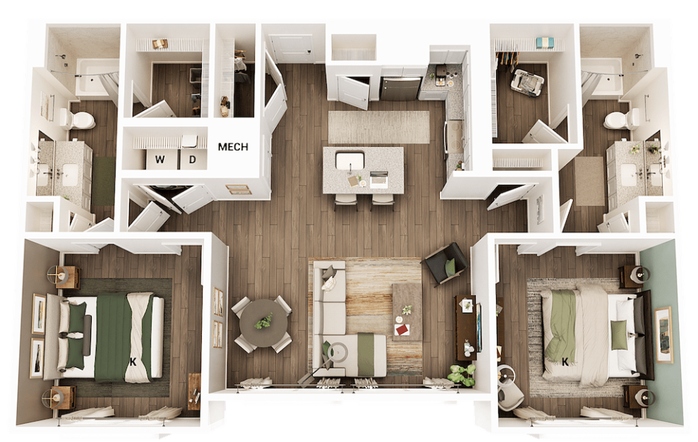 B1 - 2 bedroom floorplan layout with 2 baths and 1161 to 1174 square feet. (Office Layout)