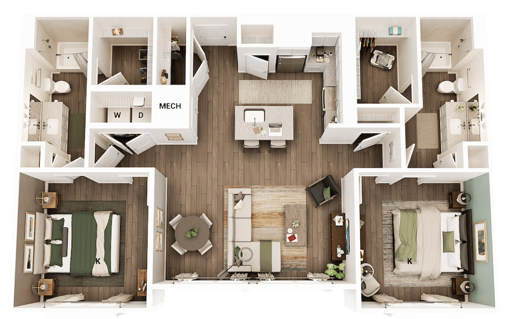 B1 - 2 bedroom floorplan layout with 2 bathrooms and 1161 - 1174 square feet (2 Bedroom Layout 
)