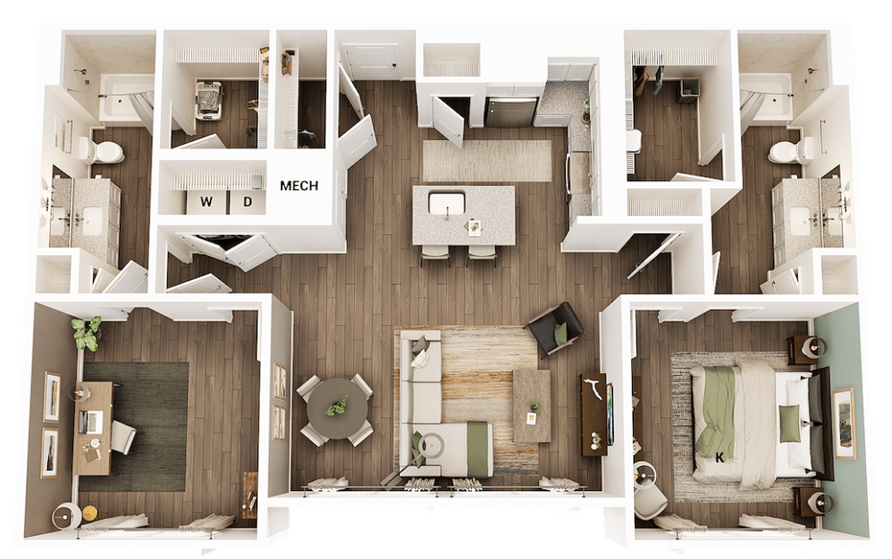 B1 - 2 bedroom floorplan layout with 2 bathrooms and 1161 - 1174 square feet (Office Layout)