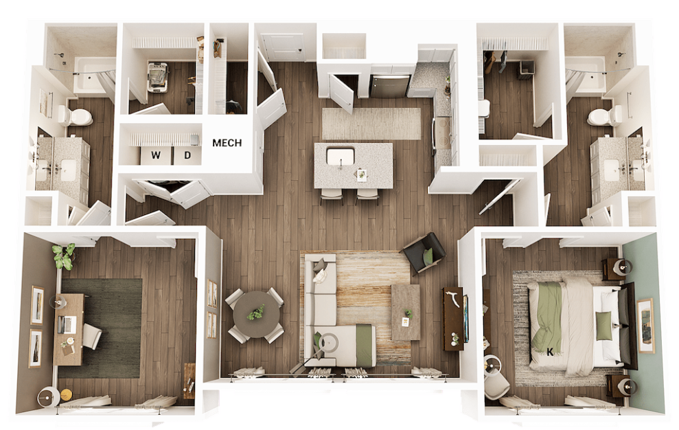 B1 - 2 bedroom floorplan layout with 2 baths and 1161 to 1174 square feet. (2 Bedroom Layout)