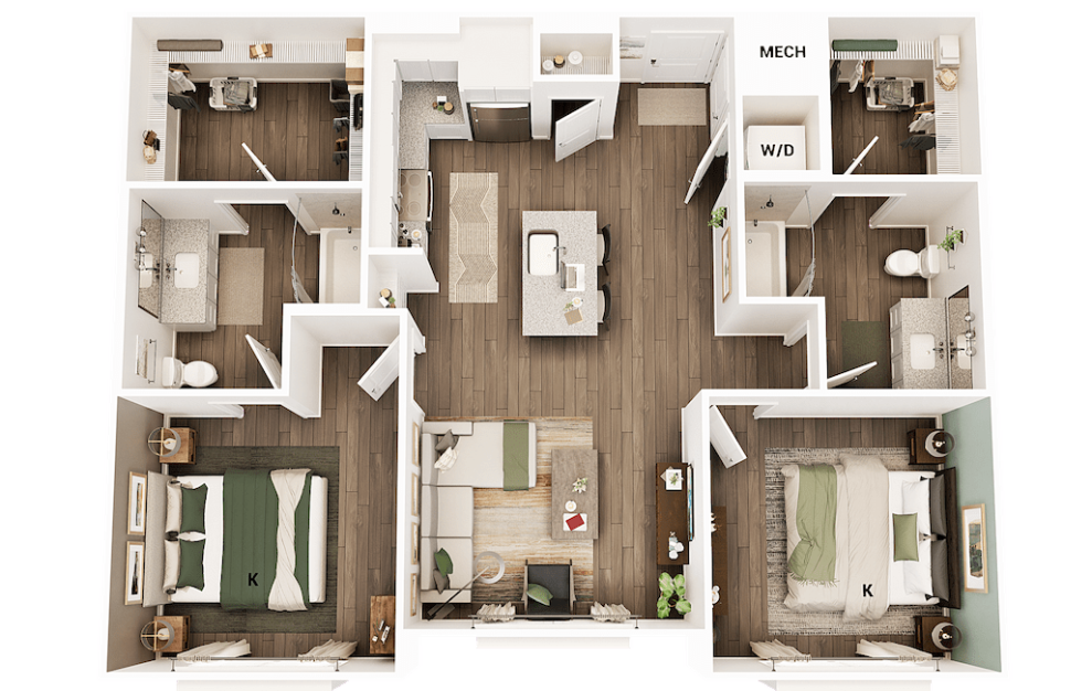 B2 - 2 bedroom floorplan layout with 2 baths and 1041 to 1056 square feet.